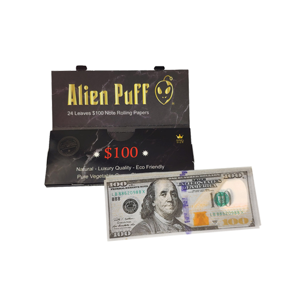 24 Alien Puff Black & Gold King Size $100 Note Rolling Papers ( HP176AP )