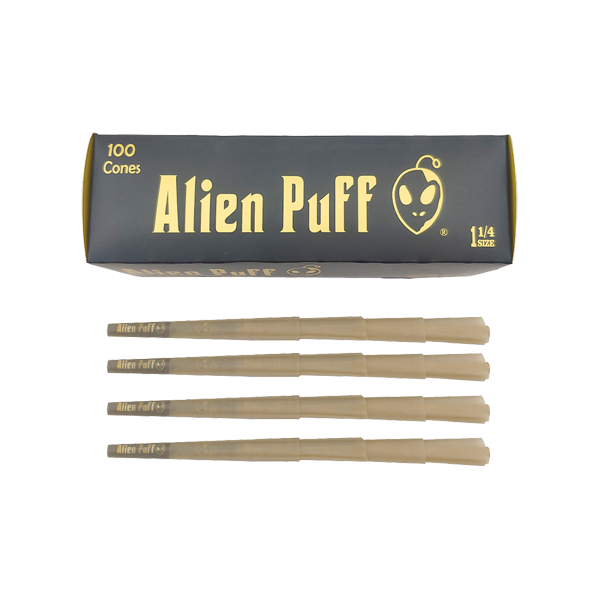 100 Alien Puff Black & Gold 1 1/4 Size Pre-Rolled Cones ( HP130 )